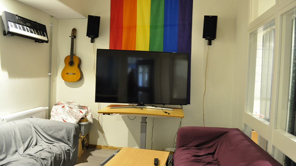 Litet
rum med två soffor och tv, på väggen hänger en gitarr och en keyboard.