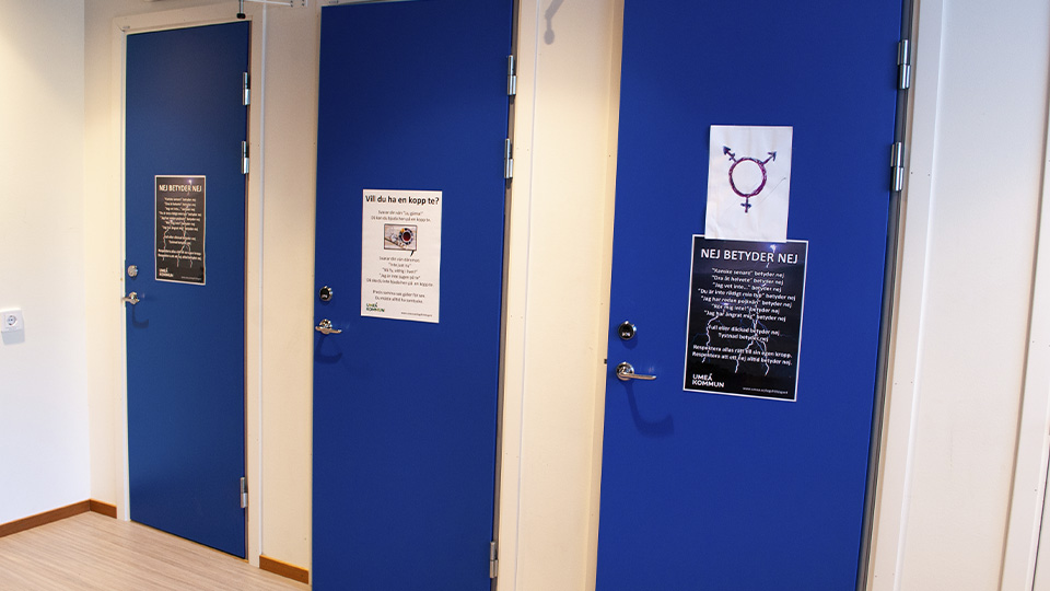 Tre
blå dörrar som leder till fritidsgårdens toaletter.